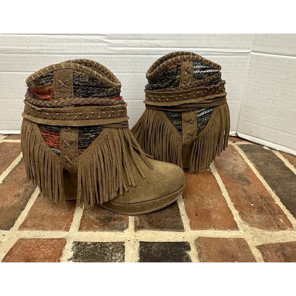 Naughty Monkey Fringe Ankle Boots Brown Suede Platform Wedge Western Boho 7.5